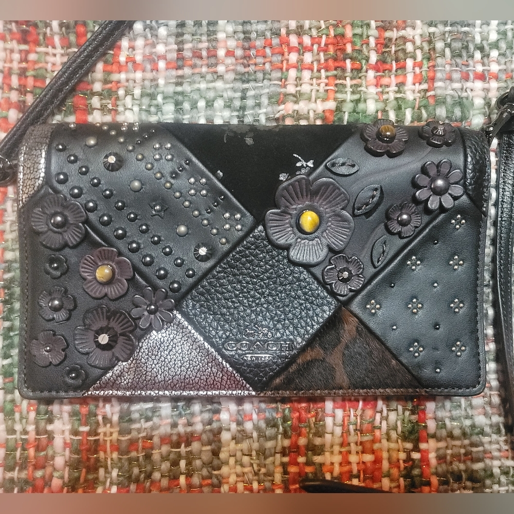 Coach Black Leather Floral Crossbody Bag